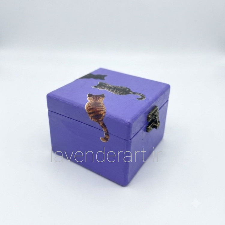 جعبه چوبی کوچک قفل دار فانتزی طرح گربه ابعاد 9*9*6.5 سانتی متر