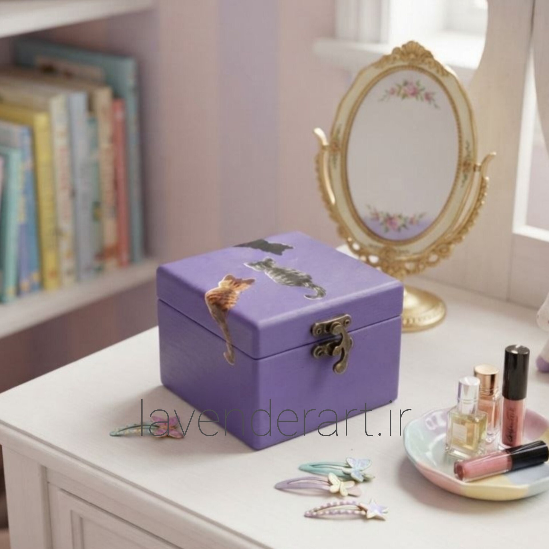 جعبه چوبی کوچک قفل دار فانتزی طرح گربه ابعاد 9*9*6.5 سانتی متر