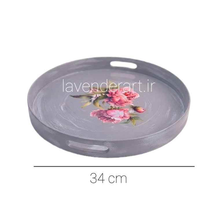 سینی چوبی ام دی اف گرد پذیرایی با دکوپاژ ضدآب دسته گل پیونی قطر 34 سانتی متر