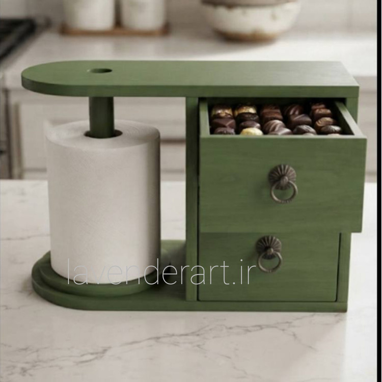 بیس خام MDF جادستمال کاغذی رولی ام دی اف چوبی خام دو کشو ابعاد 20*24 سانتی متر پایه رول دستمال آشپزخانه یا استند دستمال کاغذی رولی