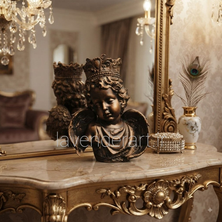 مجسمه پلی استر خام بزرگ نیم تنه فرشته تاجدار ارتفاع 48 سانتی متر آنجل