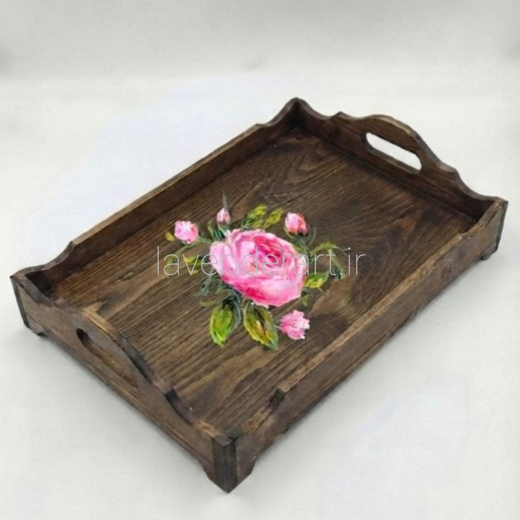 سینی چوبی ام دی اف پذیرایی با نقاشی رنگ روغن گل سرخ ابعاد 32*22 سانتی متر
