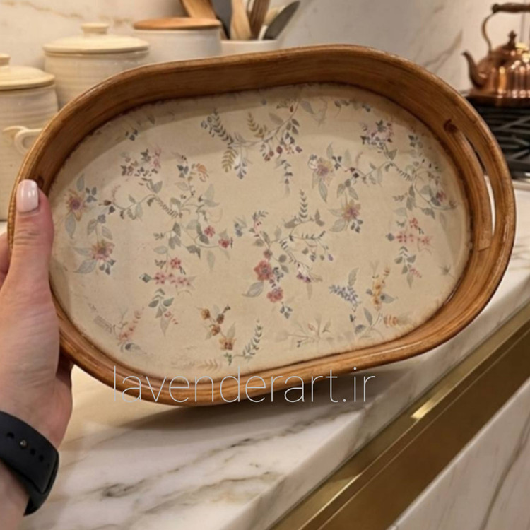سینی چوبی ام دی اف پذیرایی با دکوپاژ طرح شاخه پر گل