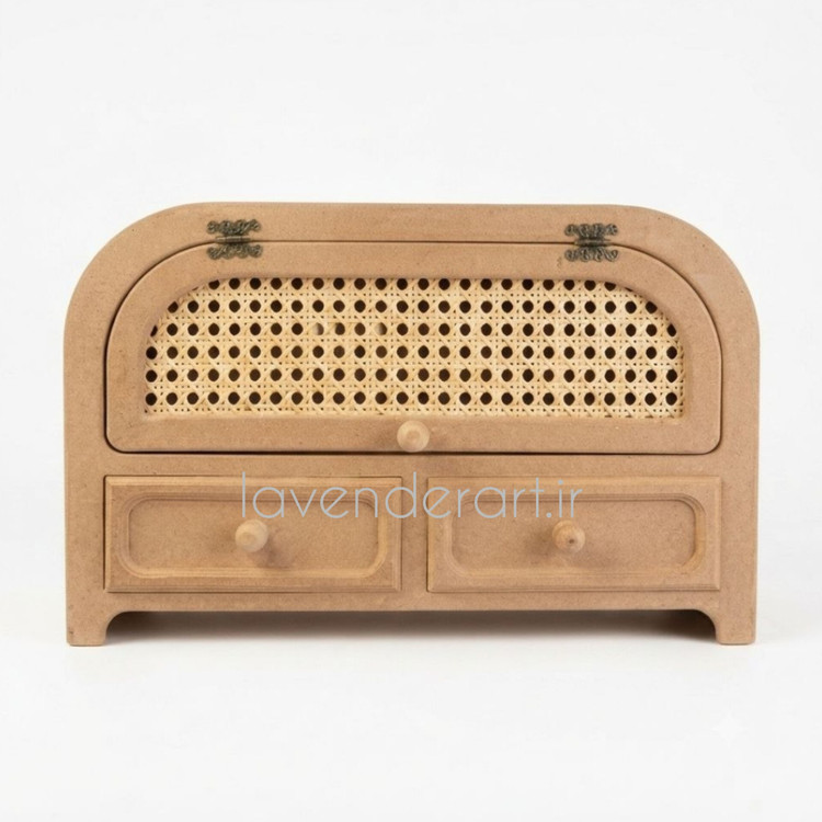 بیس خام MDF جانونی ام دی اف چوبی حصیری خام دکوراتیو دو کشو و یک باکس در دار ابعاد 34*20*51 سانتی متر ارگانایزر ظرف نون چوبی