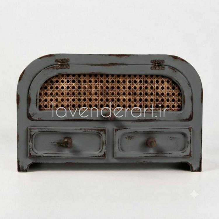 جانونی MDF ام دی اف چوبی حصیری دکوراتیو دو کشو و یک باکس در دار ابعاد 34*20*51 سانتی متر ارگانایزر ظرف نون چوبی
