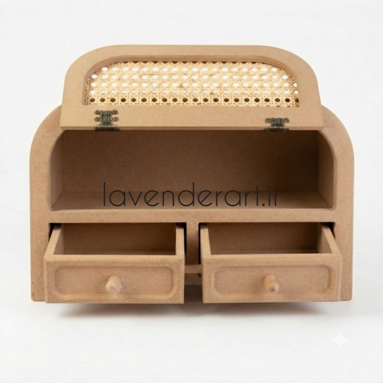 بیس خام MDF جانونی ام دی اف چوبی حصیری خام دکوراتیو دو کشو و یک باکس در دار ابعاد 34*20*51 سانتی متر ارگانایزر ظرف نون چوبی