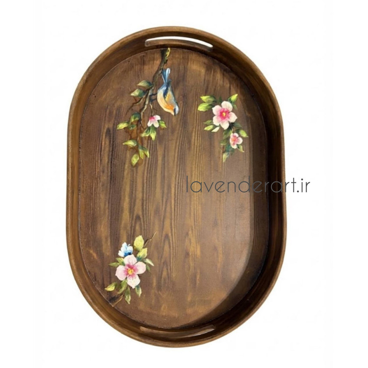 سینی چوبی ام دی اف بیضی طرح چوب با نقاشی دستکار گل و مرغ تکنیک رنگ روغن سه سایز