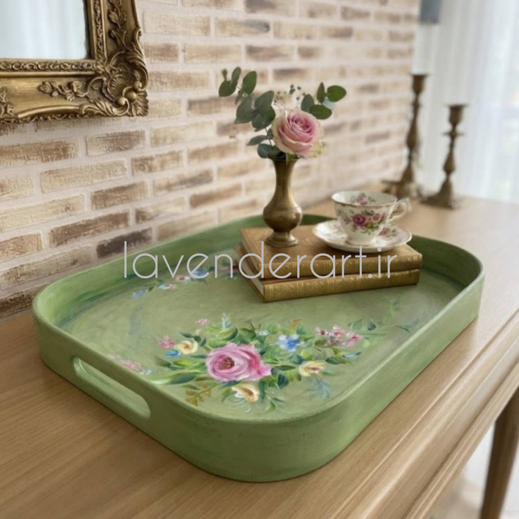 سینی چوبی ام دی اف پذیرایی با نقاشی رنگ روغن گل های بهاری در دو سایز
