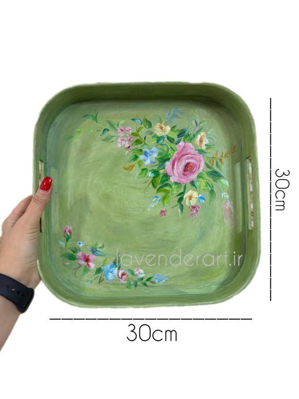 سینی چوبی ام دی اف پذیرایی با نقاشی رنگ روغن گل های بهاری در دو سایز