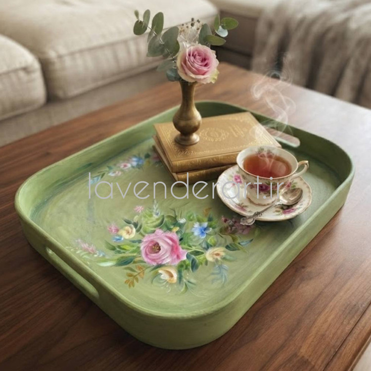 سینی چوبی ام دی اف پذیرایی با نقاشی رنگ روغن گل های بهاری در دو سایز