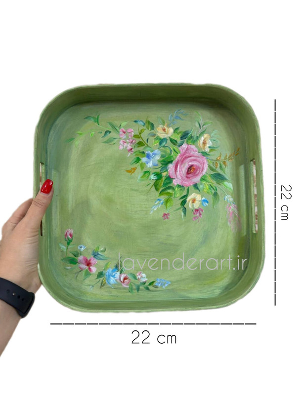 سینی چوبی ام دی اف پذیرایی با نقاشی رنگ روغن گل های بهاری در دو سایز