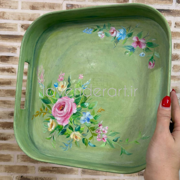 سینی چوبی ام دی اف پذیرایی با نقاشی رنگ روغن گل های بهاری در دو سایز