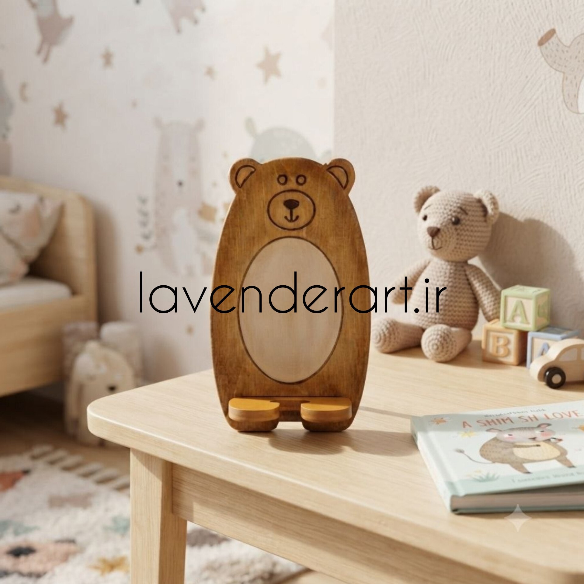 هولدر یا پایه نگهدارنده گوشی یا استند رومیزی موبایل و تبلت طرح خرس چوبی ام دی اف