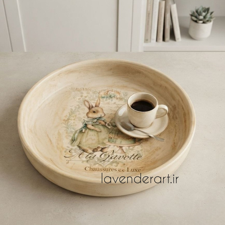 سینی چوبی ام دی اف گرد پذیرایی با دکوپاژ ضدآب طرح خرگوش وینتیج قطر 25 سانتی متر