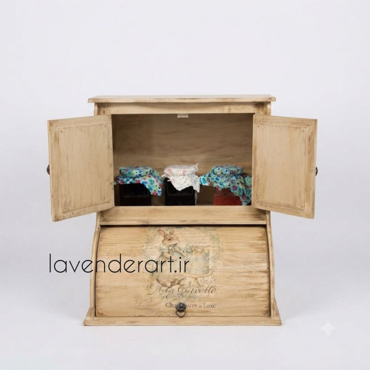 جانونی چوبی ام دی اف کرکره ای دکوراتیو طرح خرگوش وینتیج ابعاد 42*35*37 سانتی متر ارگانایزر طرح کرکره ای ظرف نون چوبی