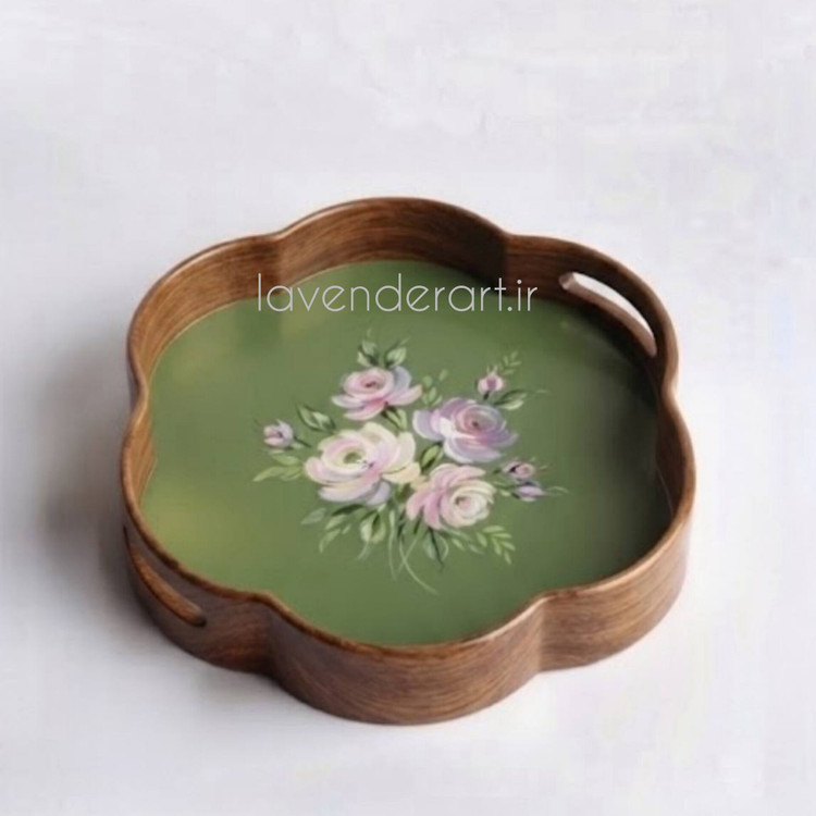 سینی چوبی ام دی اف پذیرایی با نقاشی رنگ روغن با فرم گل قطر 35 سانتی متر