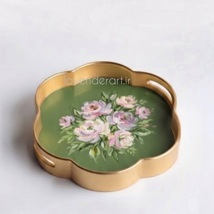 سینی چوبی ام دی اف پذیرایی با نقاشی رنگ روغن با فرم گل قطر 35 سانتی متر