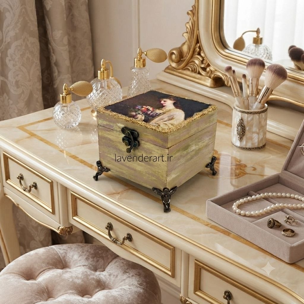 جعبه چوبی ام دی اف کوچک جاجواهرات لوکس قفل دار طلایی با طرح دکوپاژ مخمل ابعاد 10*10*12 سانتی متر