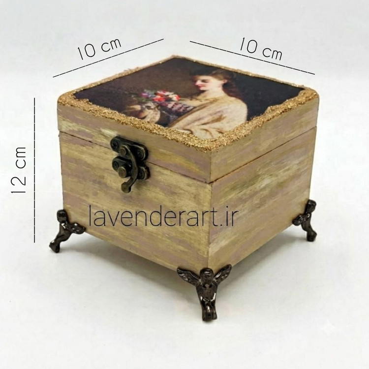 جعبه چوبی ام دی اف کوچک جاجواهرات لوکس قفل دار طلایی با طرح دکوپاژ مخمل ابعاد 10*10*12 سانتی متر