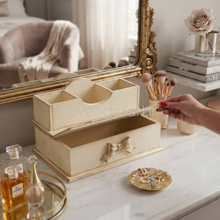 استند چوبی ام دی اف رومیزی لوازم آرایش و زیورآلات مدل پاپیونی دارای 3 باکس و 1 باکس در دار