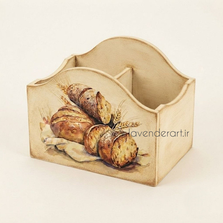 جاقاشقی چوبی ام دی اف جای کارد و چنگال، براش و قلمو، جاقلمی رومیزی طرح نان 14*20*11 سانتی متر