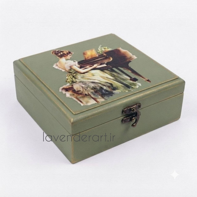 جعبه چوبی ام دی اف کوچک جاجواهرات لوکس قفل دار با طرح دکوپاژ پیانو ابعاد 20*20*6 سانتی متر