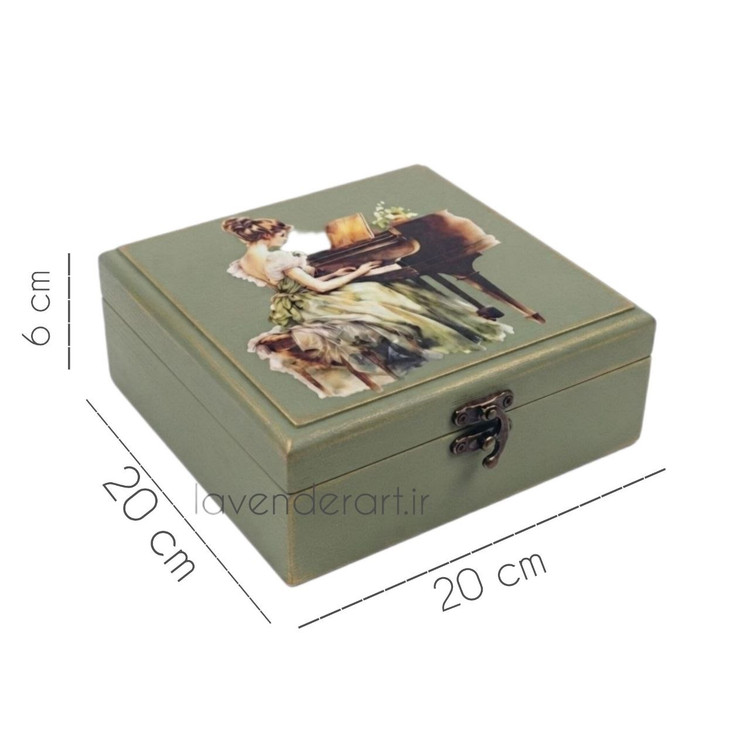 جعبه چوبی ام دی اف کوچک جاجواهرات لوکس قفل دار با طرح دکوپاژ پیانو ابعاد 20*20*6 سانتی متر
