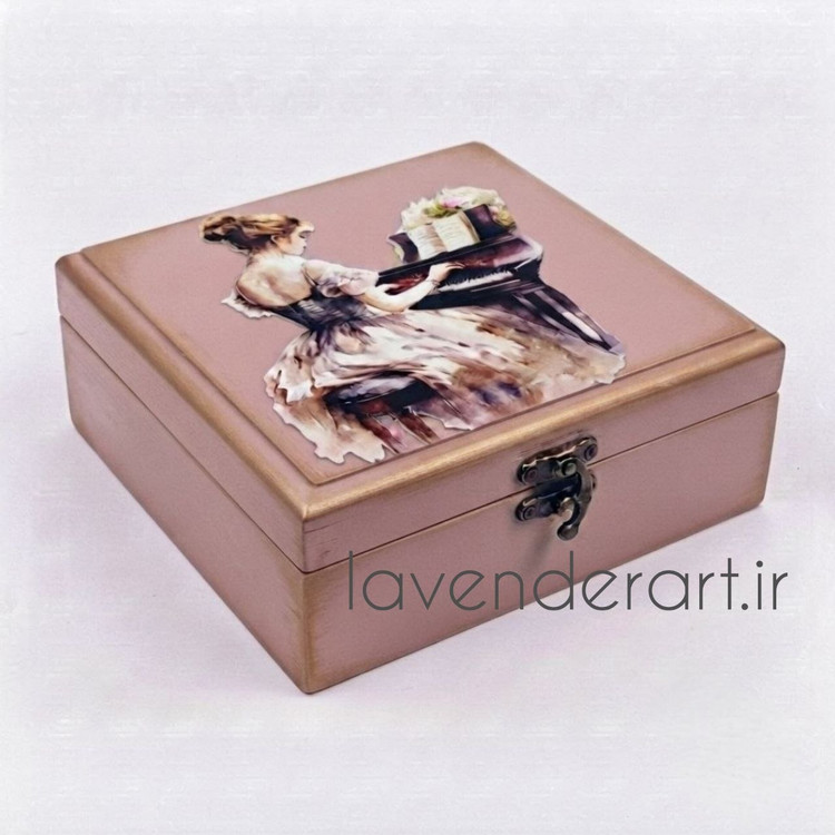 جعبه چوبی ام دی اف کوچک جاجواهرات لوکس قفل دار با طرح دکوپاژ پیانو ابعاد 20*20*6 سانتی متر