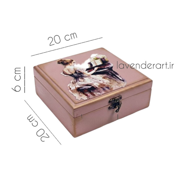 جعبه چوبی ام دی اف کوچک جاجواهرات لوکس قفل دار با طرح دکوپاژ پیانو ابعاد 20*20*6 سانتی متر