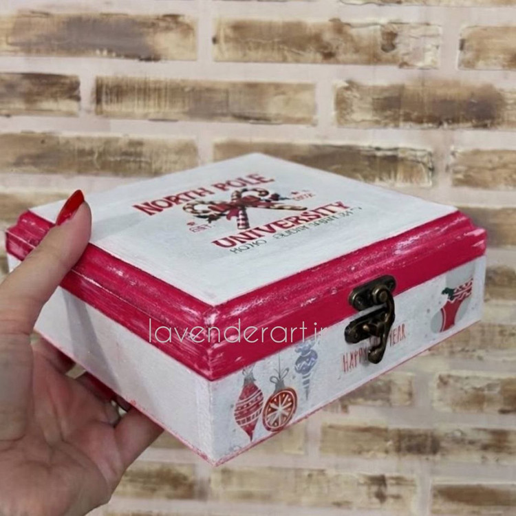 جعبه چوبی ام دی اف کوچک جاجواهرات لوکس قفل دار با طرح کریسمس ابعاد 16*16*6 سانتی متر