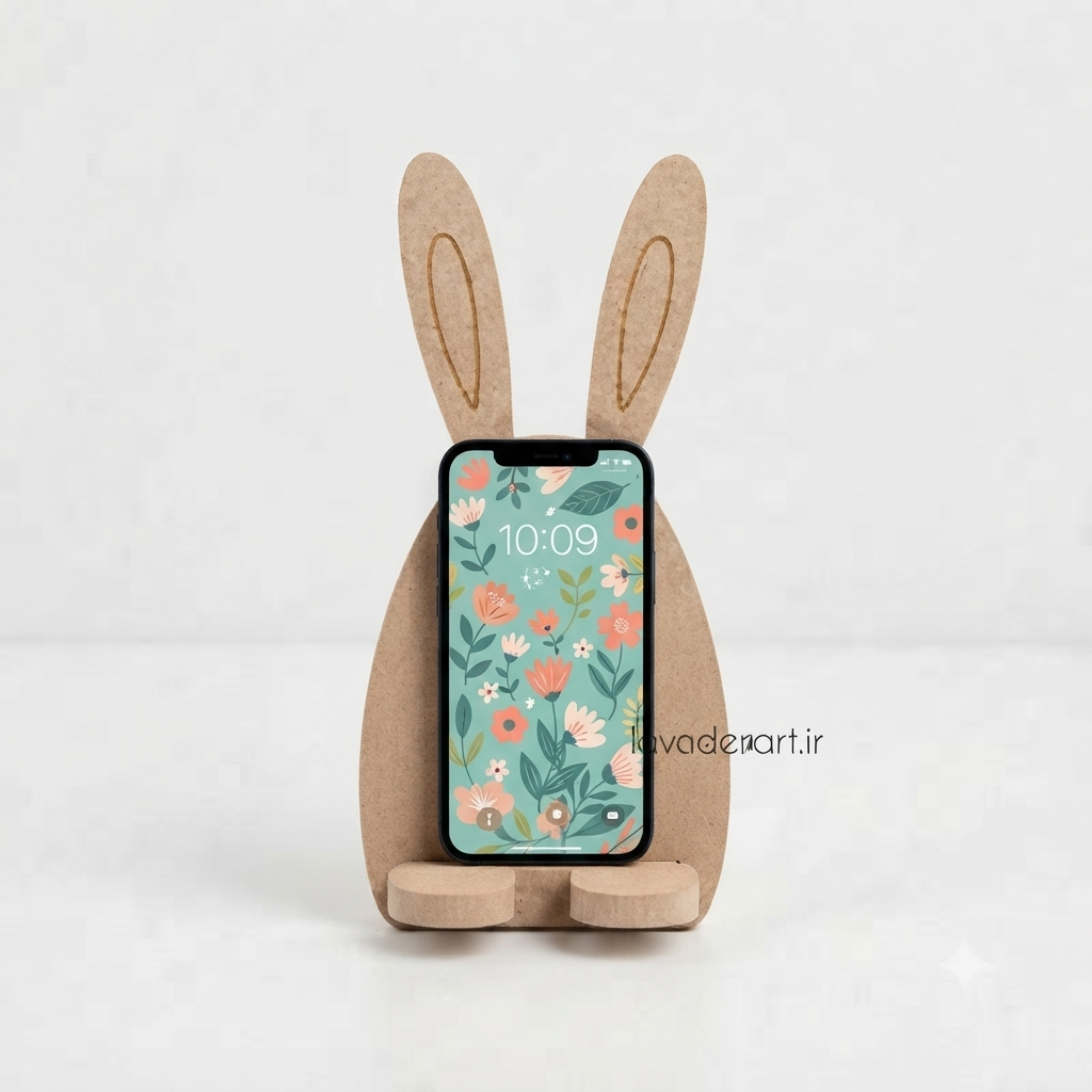 بیس خام MDF هولدر پایه نگهدارنده گوشی یا استند رومیزی موبایل و تبلت طرح خرگوش چوبی ام دی اف خام