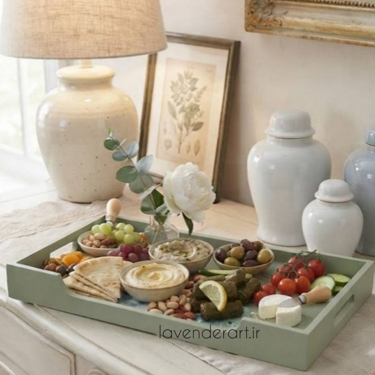 سینی مستطیل چوبی ام دی اف پذیرایی با دکوپاژ ضد آب گل های سفید ابعاد 50*20 سانتی متر