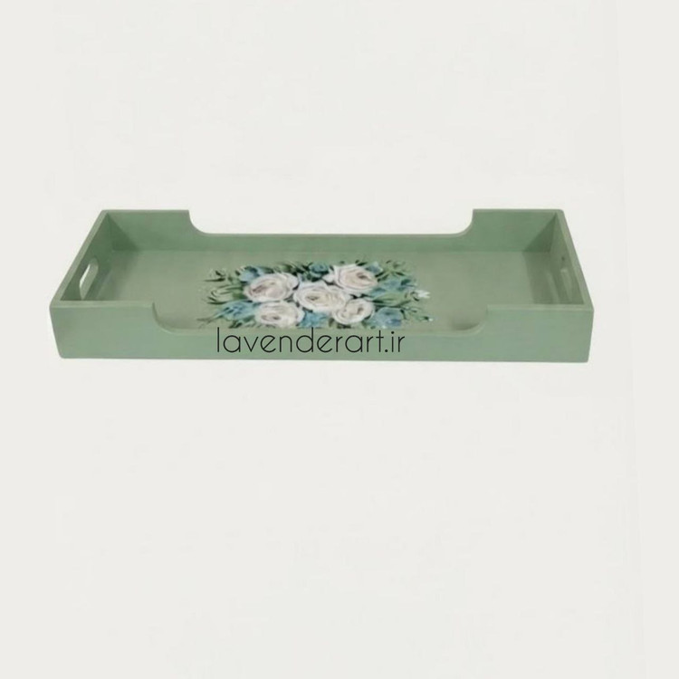 سینی مستطیل چوبی ام دی اف پذیرایی با دکوپاژ ضد آب گل های سفید ابعاد 50*20 سانتی متر
