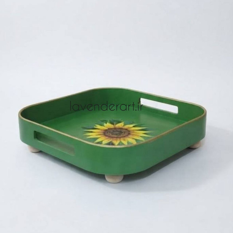 سینی چوبی ام دی اف پذیرایی مربع با نقاشی رنگ و روغن گل آفتابگردان