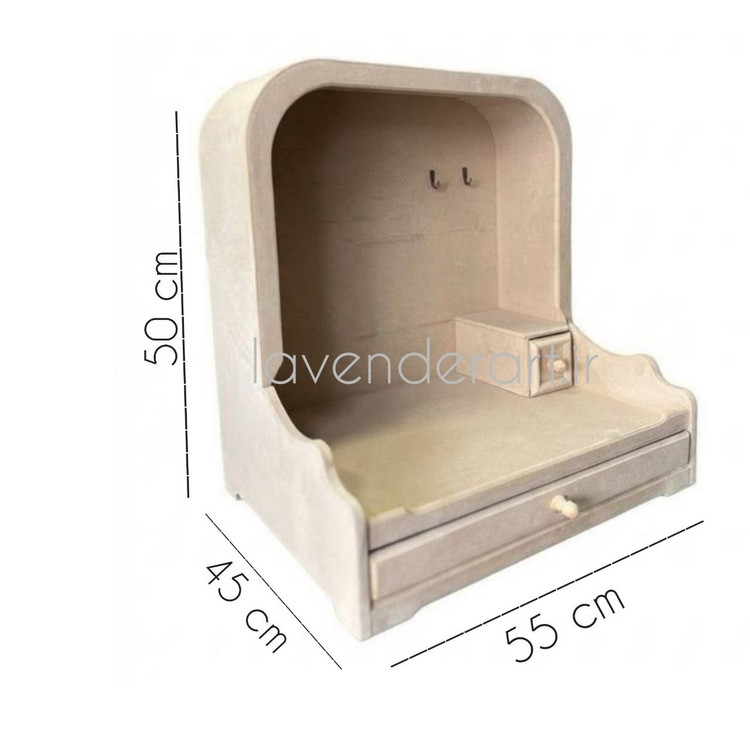 بیس خام MDF کنسول جا ادویه یا کافی بار یا شلف رومیزی یا استند ام دی اف چوبی خام دکوراتیو کشو دار ابعاد 55*50*45 سانتی متر