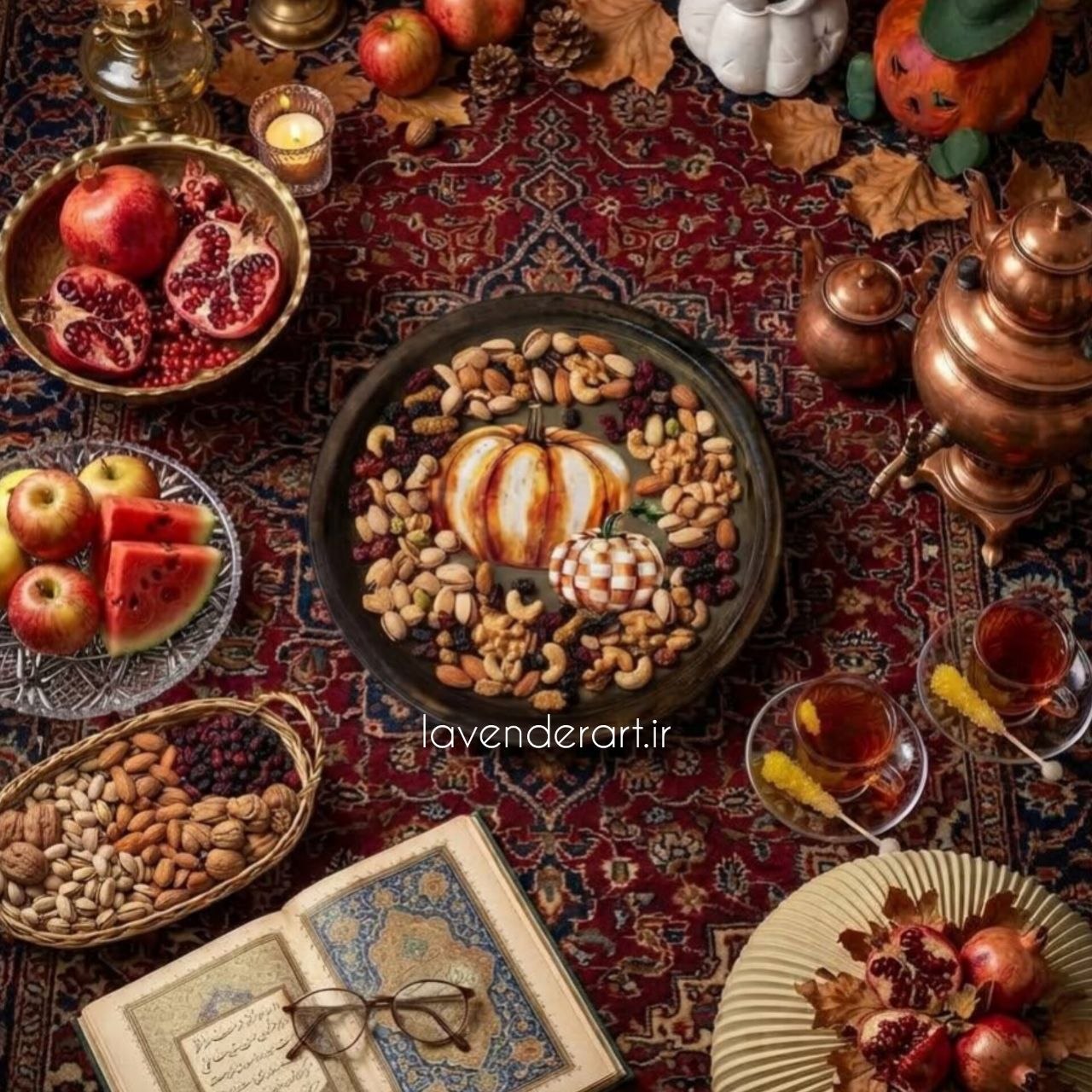 سینی چوبی ام دی اف پذیرایی گرد یا دایره با دکوپاژ ضدآب طرح پاییزی کدو تنبل قطر 12 سانتی متر