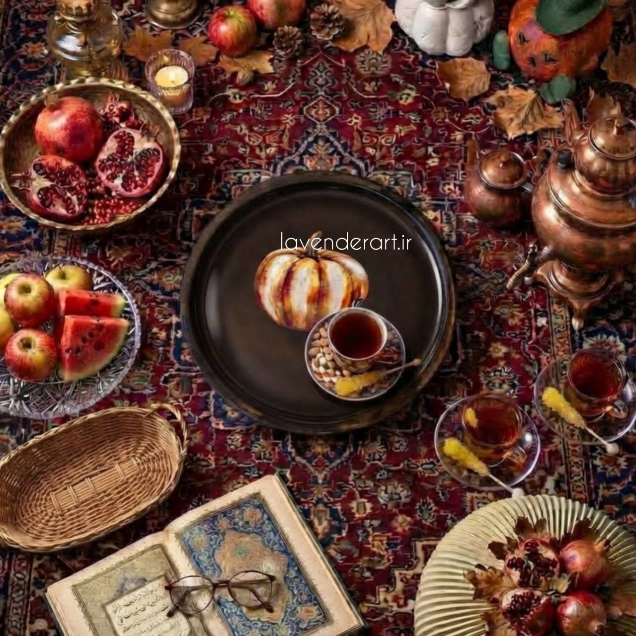سینی چوبی ام دی اف پذیرایی گرد یا دایره با دکوپاژ ضدآب طرح پاییزی کدو تنبل قطر 12 سانتی متر