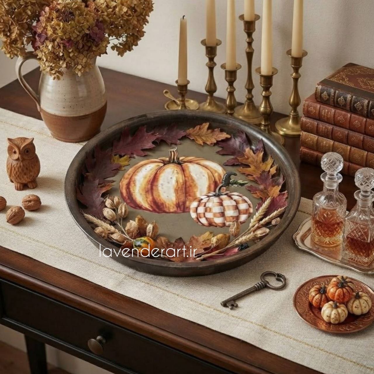 سینی چوبی ام دی اف پذیرایی گرد یا دایره با دکوپاژ ضدآب طرح پاییزی کدو تنبل قطر 12 سانتی متر